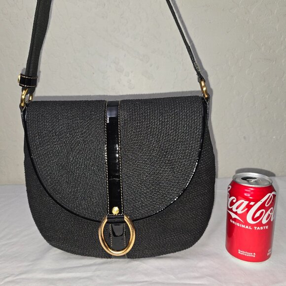 Eric Javits Medium Black Squishee Straw And Patent Leather Flap Crossbody Bag - Picture 2 of 15
